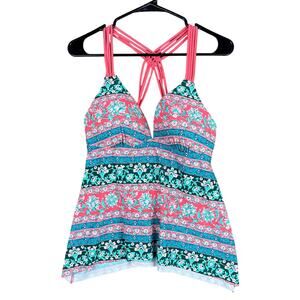 Aqua Couture Womens Pink Blue Tankini Top Swimsuit Swimwear Paisley Push Up M
